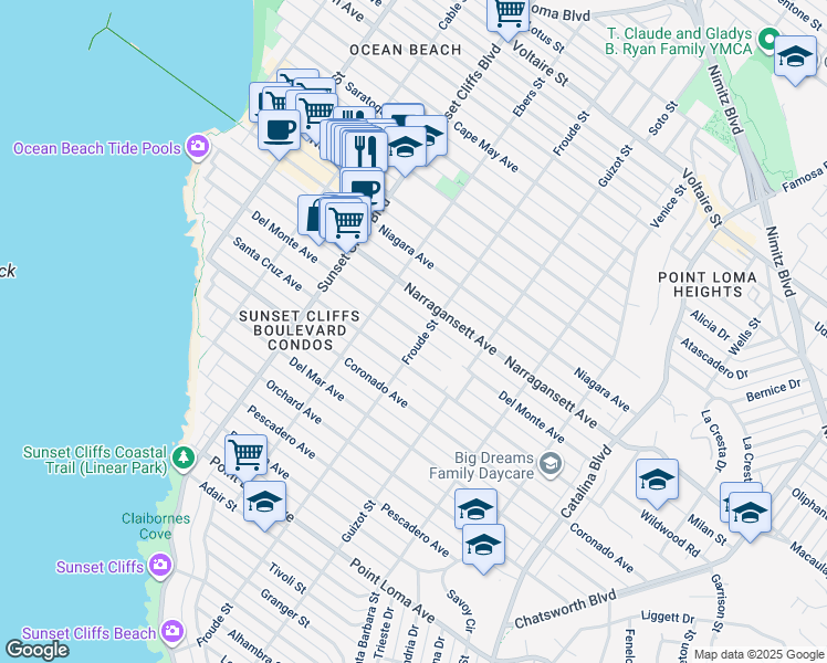 map of restaurants, bars, coffee shops, grocery stores, and more near 1764 Froude Street in San Diego