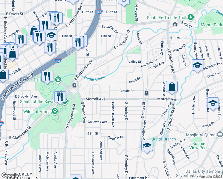 map of restaurants, bars, coffee shops, grocery stores, and more near 1115 Claude Street in Dallas