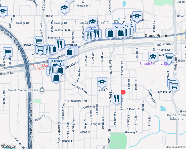map of restaurants, bars, coffee shops, grocery stores, and more near 421 Motley Street in Grand Prairie