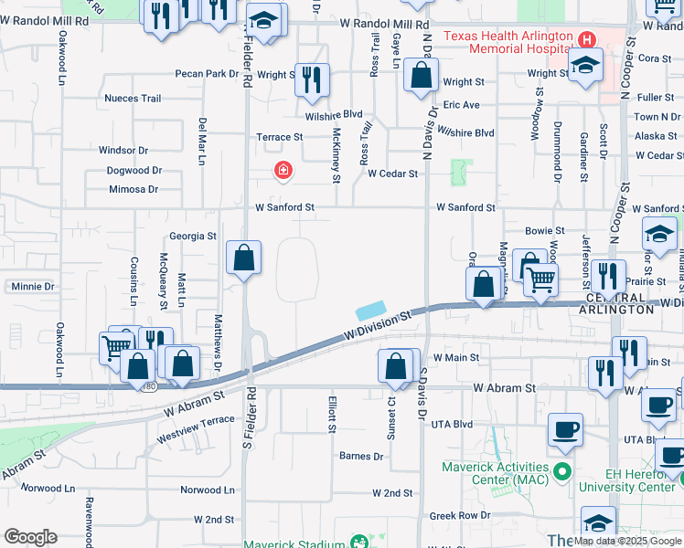 map of restaurants, bars, coffee shops, grocery stores, and more near Masonic Home in Arlington