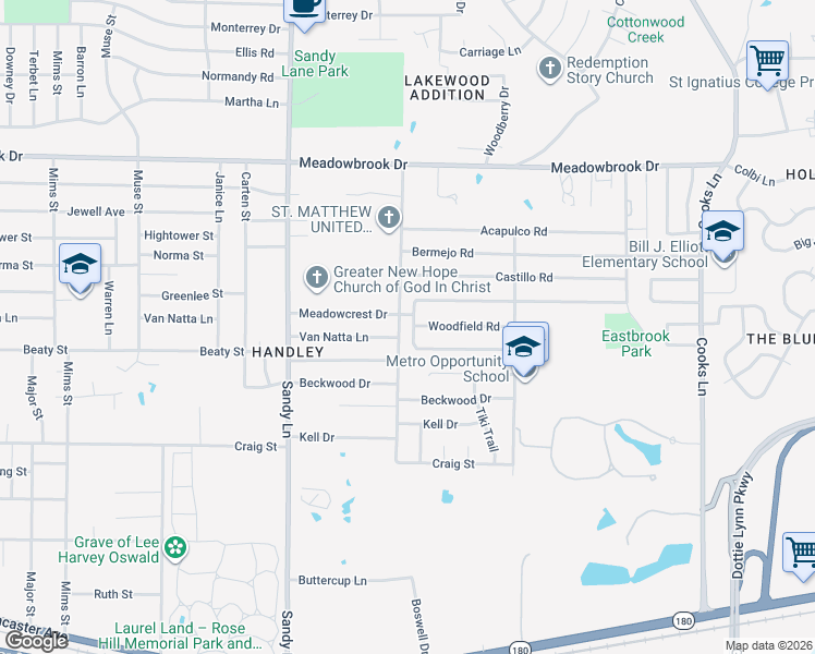 map of restaurants, bars, coffee shops, grocery stores, and more near 2700 Friarford Road in Fort Worth