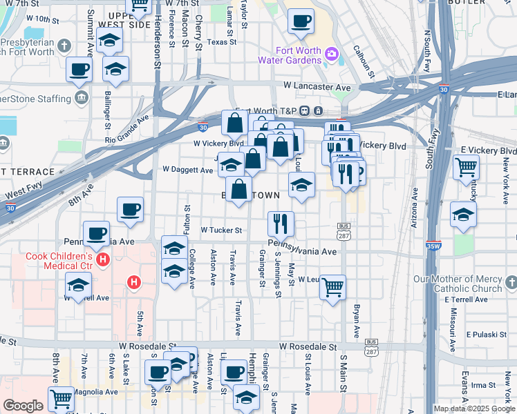 map of restaurants, bars, coffee shops, grocery stores, and more near 400 South Jennings Avenue in Fort Worth