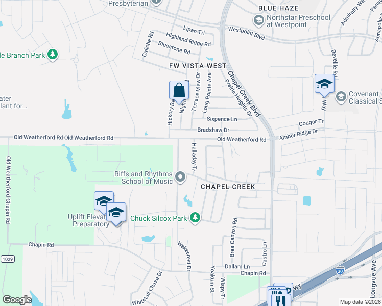 map of restaurants, bars, coffee shops, grocery stores, and more near 2220 Halladay Tr in Fort Worth