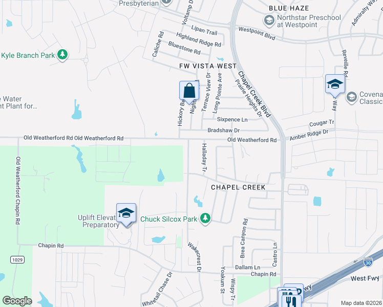 map of restaurants, bars, coffee shops, grocery stores, and more near 2220 Wakecrest Drive in Fort Worth