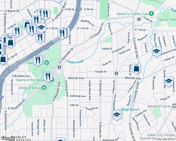 map of restaurants, bars, coffee shops, grocery stores, and more near 1103 Claude Street in Dallas