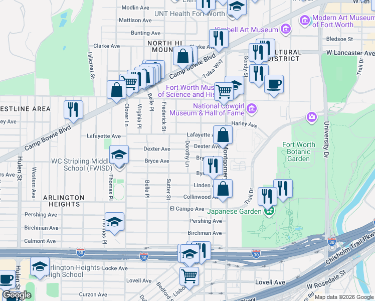 map of restaurants, bars, coffee shops, grocery stores, and more near 3816 Dexter Avenue in Fort Worth