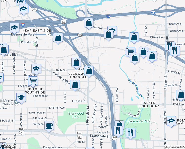 map of restaurants, bars, coffee shops, grocery stores, and more near 330 Martin Luther King Junior Freeway in Fort Worth