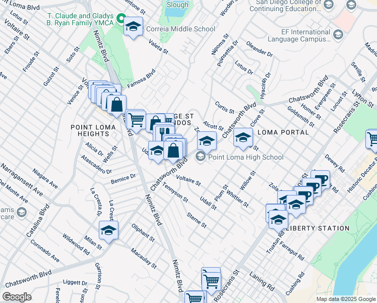 map of restaurants, bars, coffee shops, grocery stores, and more near 2314 Chatsworth Boulevard in San Diego