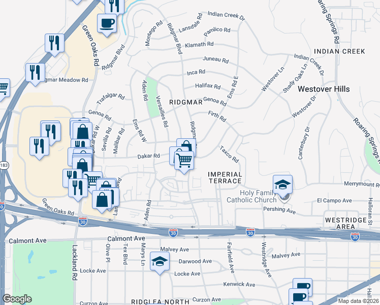 map of restaurants, bars, coffee shops, grocery stores, and more near 6400 Dakar Road in Fort Worth