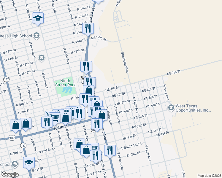 map of restaurants, bars, coffee shops, grocery stores, and more near North Boston Avenue in Lamesa