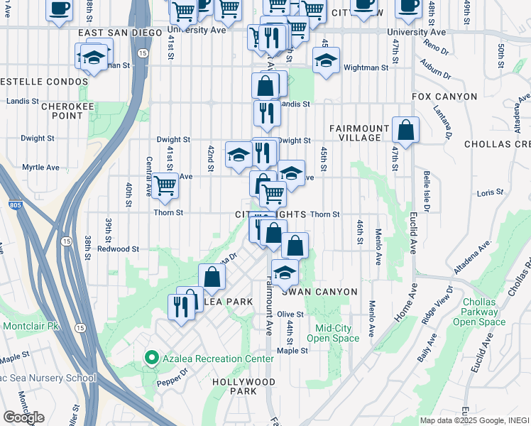 map of restaurants, bars, coffee shops, grocery stores, and more near Thorn Street in San Diego