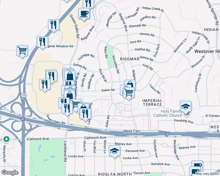 map of restaurants, bars, coffee shops, grocery stores, and more near 6500 Dakar Road in Fort Worth