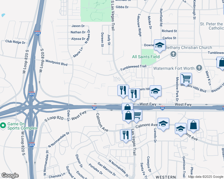 map of restaurants, bars, coffee shops, grocery stores, and more near 1950 South Las Vegas Trail in White Settlement