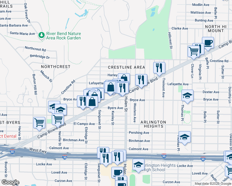 map of restaurants, bars, coffee shops, grocery stores, and more near 4633 Dexter Avenue in Fort Worth