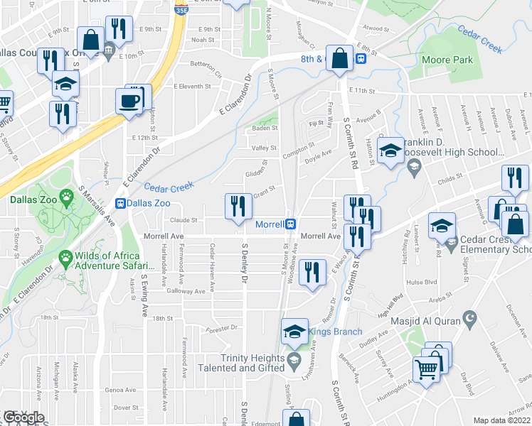 map of restaurants, bars, coffee shops, grocery stores, and more near 1331 Claude Street in Dallas