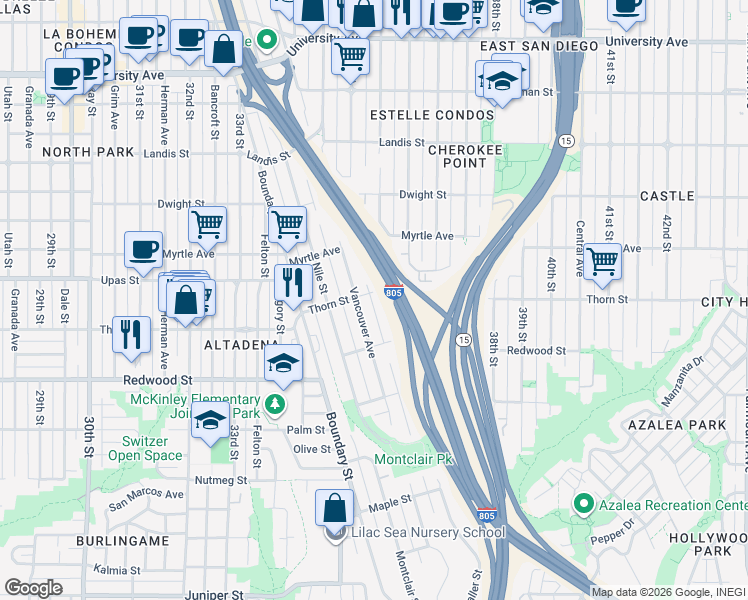 map of restaurants, bars, coffee shops, grocery stores, and more near 3240 Haller Street in San Diego