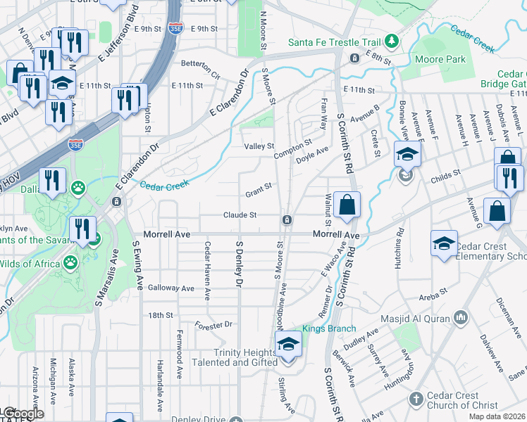 map of restaurants, bars, coffee shops, grocery stores, and more near 1335 Claude Street in Dallas