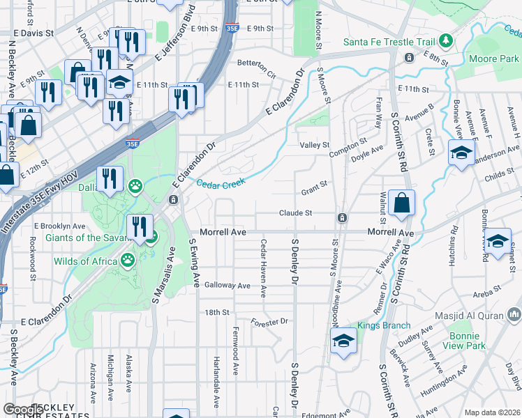 map of restaurants, bars, coffee shops, grocery stores, and more near 1105 Claude Street in Dallas