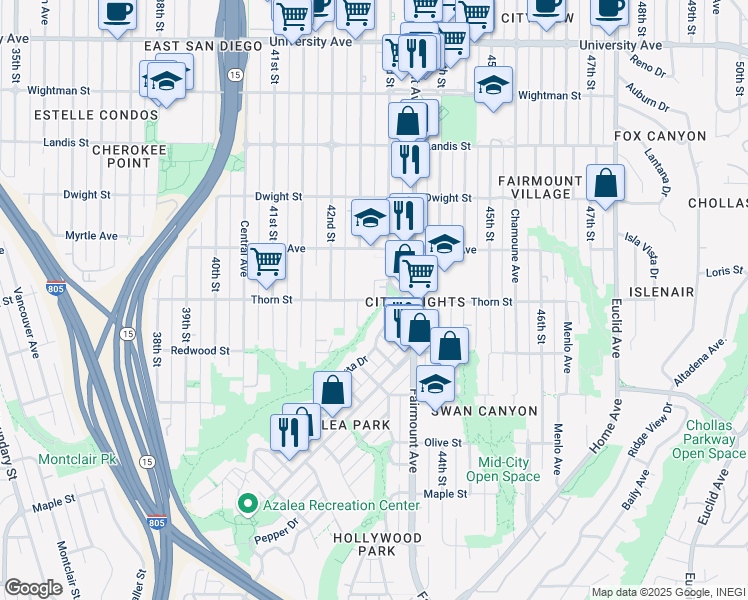 map of restaurants, bars, coffee shops, grocery stores, and more near 4255 Thorn Street in San Diego