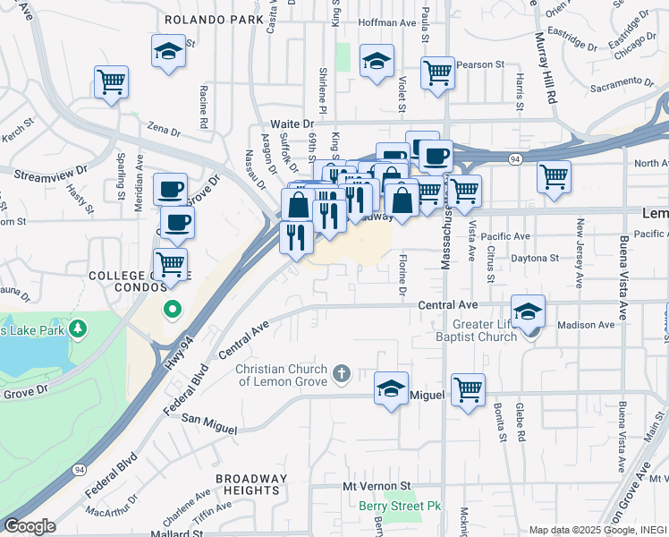 map of restaurants, bars, coffee shops, grocery stores, and more near 3251 College Place in Lemon Grove