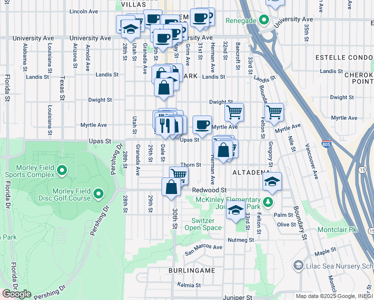 map of restaurants, bars, coffee shops, grocery stores, and more near 3360 Grim Avenue in San Diego