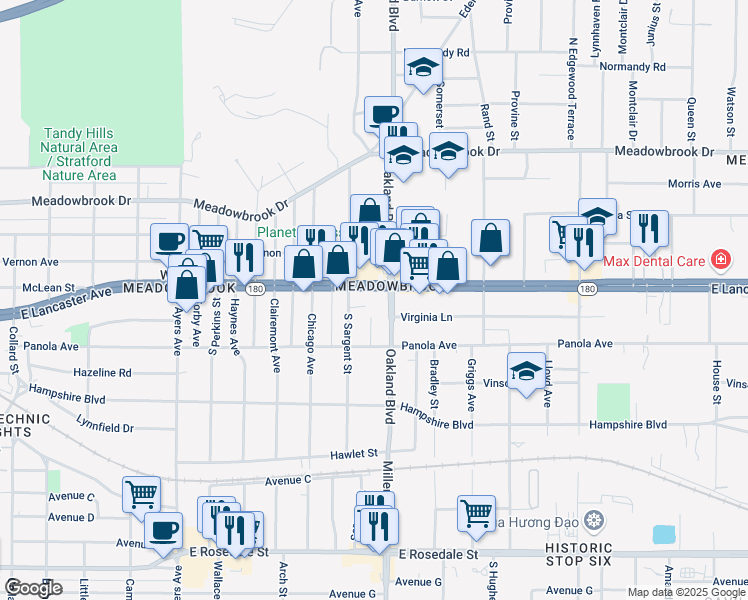 map of restaurants, bars, coffee shops, grocery stores, and more near 313 South Sargent Street in Fort Worth