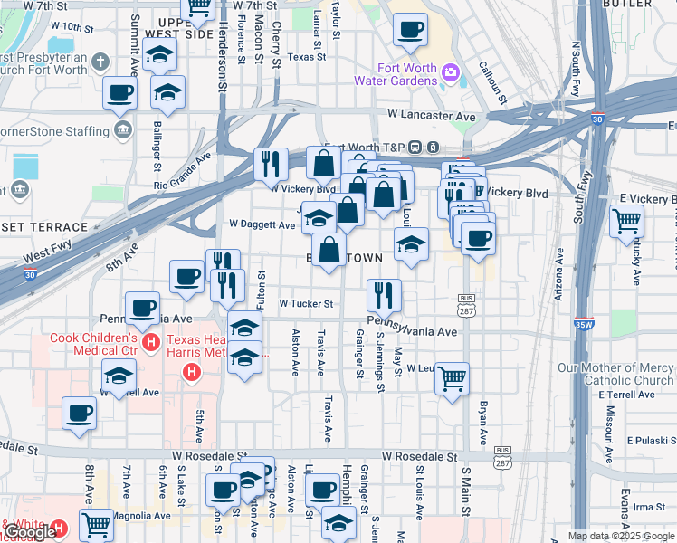 map of restaurants, bars, coffee shops, grocery stores, and more near 420 Hemphill Street in Fort Worth