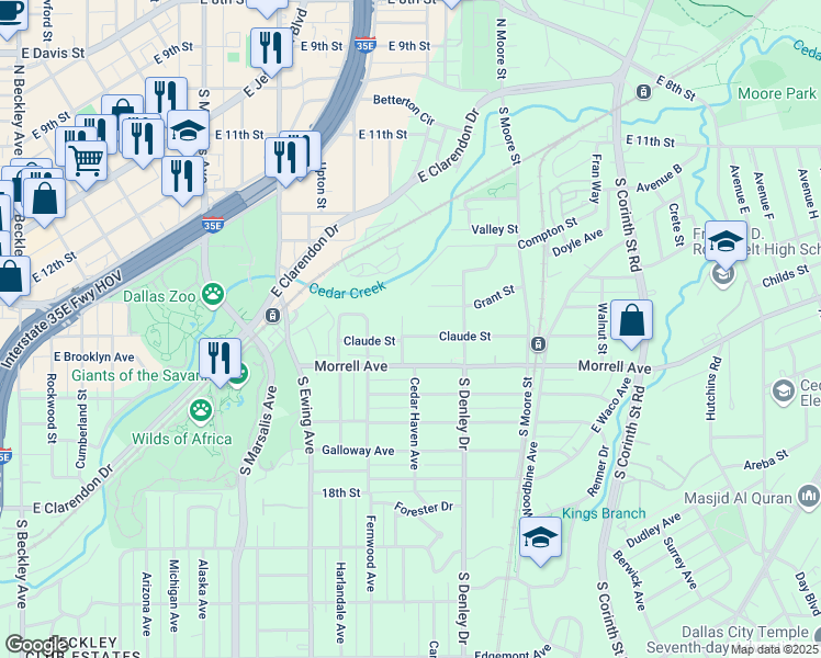 map of restaurants, bars, coffee shops, grocery stores, and more near 1105 Claude Street in Dallas