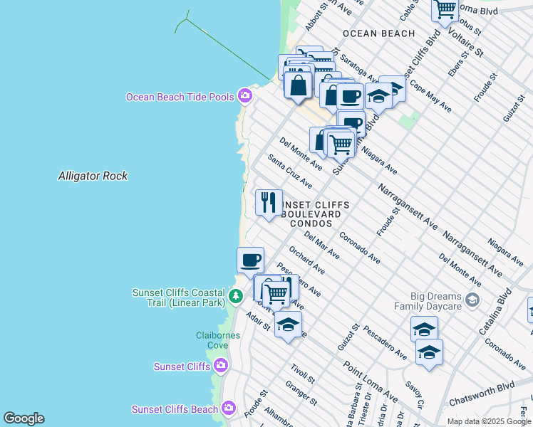 map of restaurants, bars, coffee shops, grocery stores, and more near in San Diego