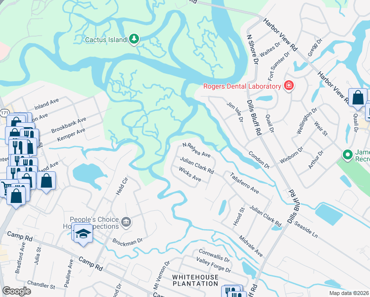 map of restaurants, bars, coffee shops, grocery stores, and more near 1501 North Relyea Avenue in Charleston