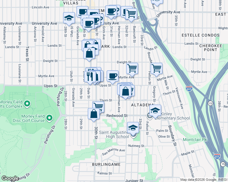 map of restaurants, bars, coffee shops, grocery stores, and more near 3361 31st Street in San Diego