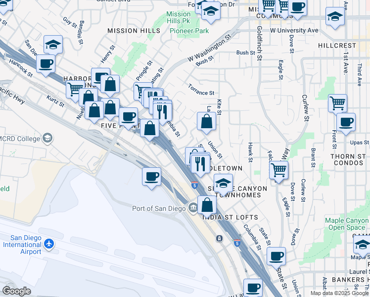 map of restaurants, bars, coffee shops, grocery stores, and more near 1715 Glenwood Drive in San Diego