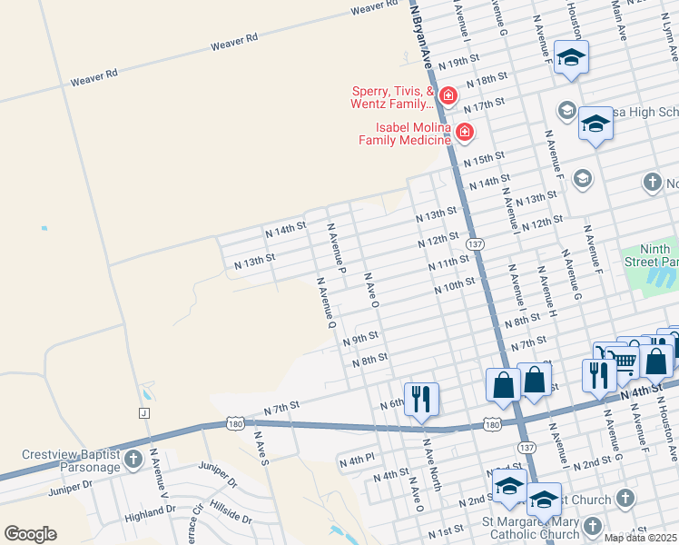 map of restaurants, bars, coffee shops, grocery stores, and more near 1201-1299 North Avenue P in Lamesa