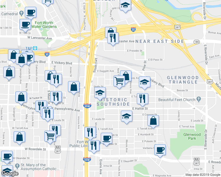 map of restaurants, bars, coffee shops, grocery stores, and more near 917 Bessie Street in Fort Worth