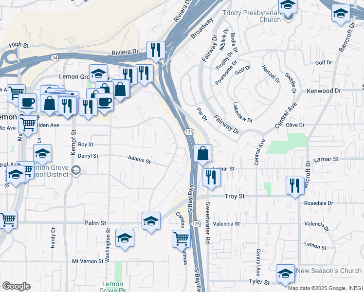 map of restaurants, bars, coffee shops, grocery stores, and more near 8354 Golden Avenue in Lemon Grove