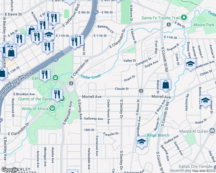 map of restaurants, bars, coffee shops, grocery stores, and more near 1105 Claude Street in Dallas