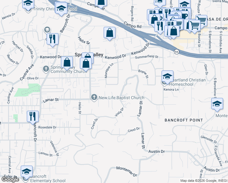 map of restaurants, bars, coffee shops, grocery stores, and more near 9356 Lamar Street in Spring Valley