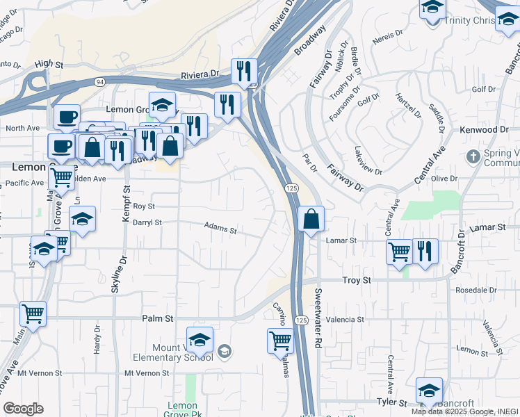 map of restaurants, bars, coffee shops, grocery stores, and more near 8355 Golden Avenue in Lemon Grove