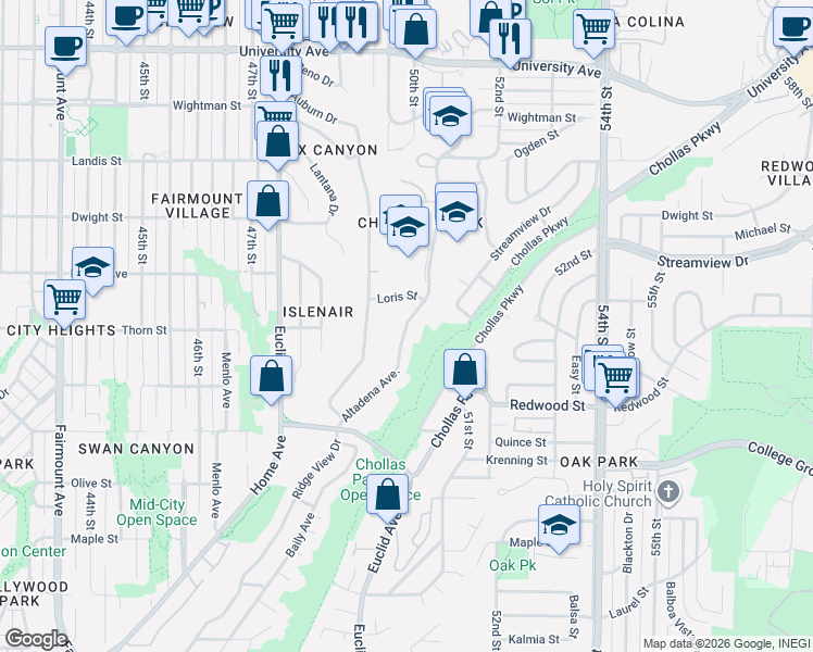 map of restaurants, bars, coffee shops, grocery stores, and more near 3311 Altadena Avenue in San Diego