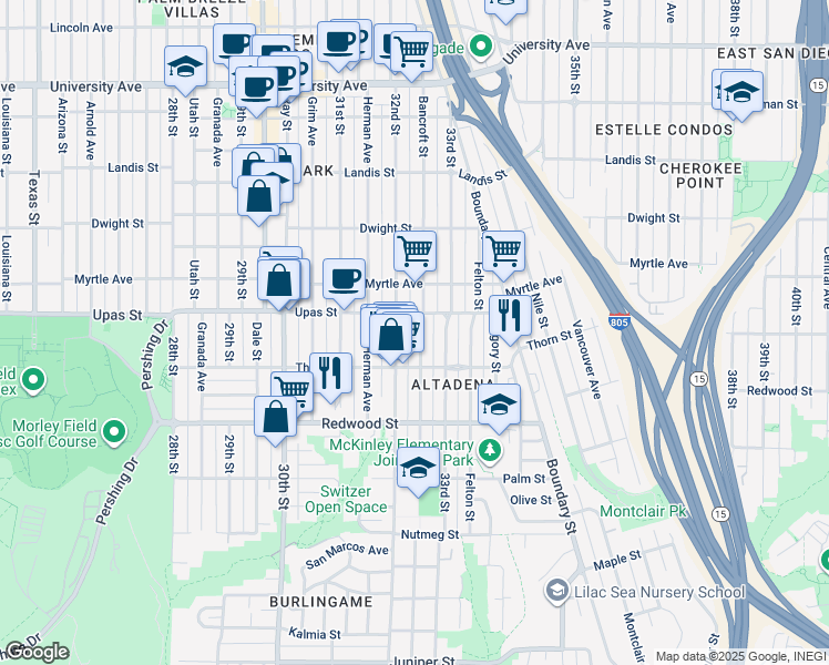 map of restaurants, bars, coffee shops, grocery stores, and more near 3358 Bancroft Street in San Diego