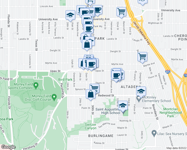 map of restaurants, bars, coffee shops, grocery stores, and more near 3361 30th Street in San Diego