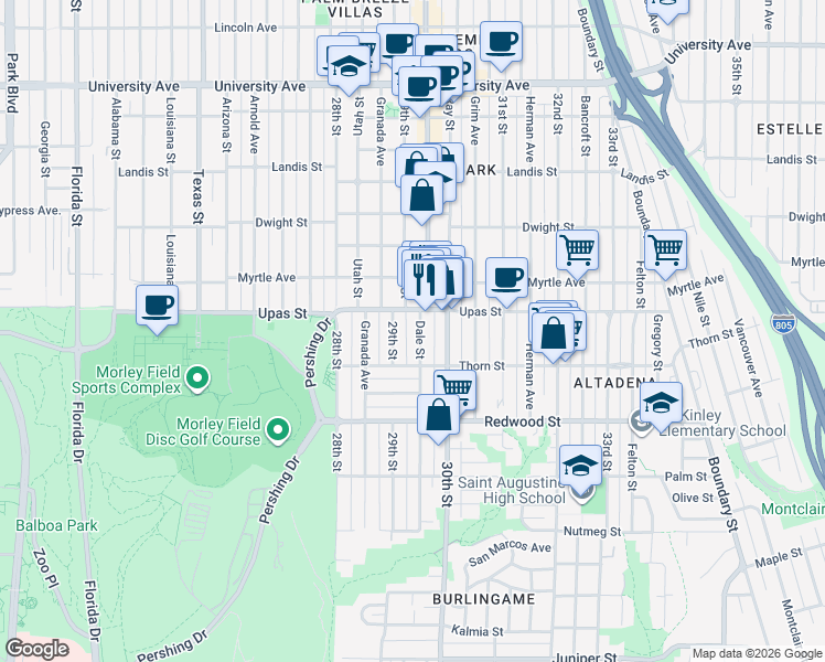 map of restaurants, bars, coffee shops, grocery stores, and more near in San Diego