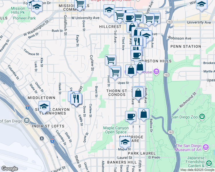 map of restaurants, bars, coffee shops, grocery stores, and more near 3350 Front Street in San Diego