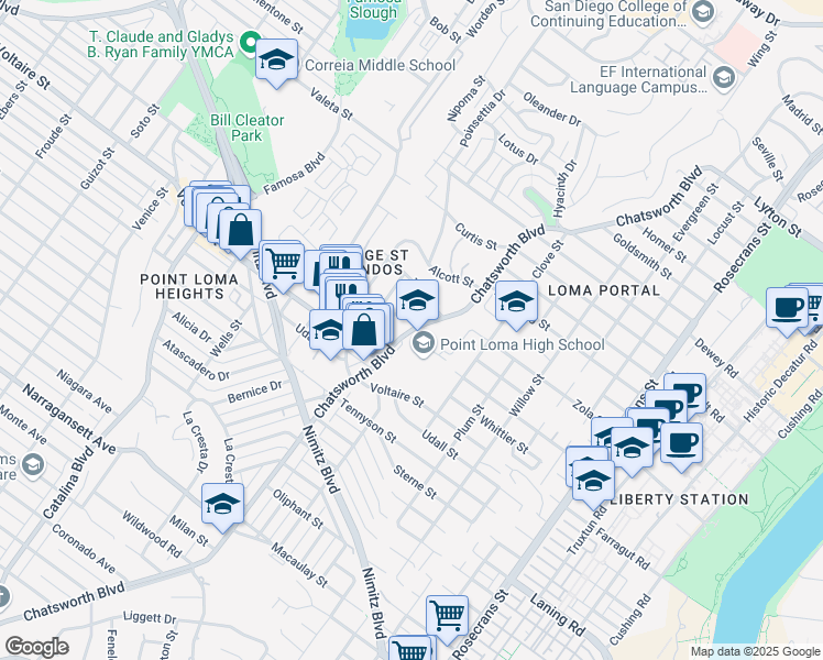 map of restaurants, bars, coffee shops, grocery stores, and more near 2314 Chatsworth Boulevard in San Diego