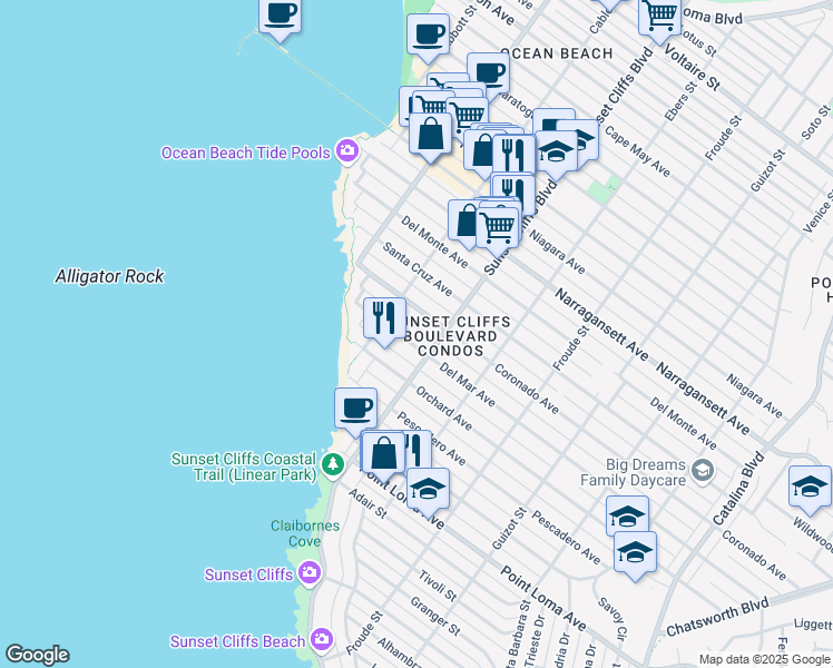 map of restaurants, bars, coffee shops, grocery stores, and more near 4825 Coronado Avenue in San Diego