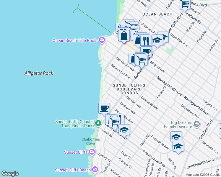 map of restaurants, bars, coffee shops, grocery stores, and more near 4885 Del Mar Avenue in San Diego