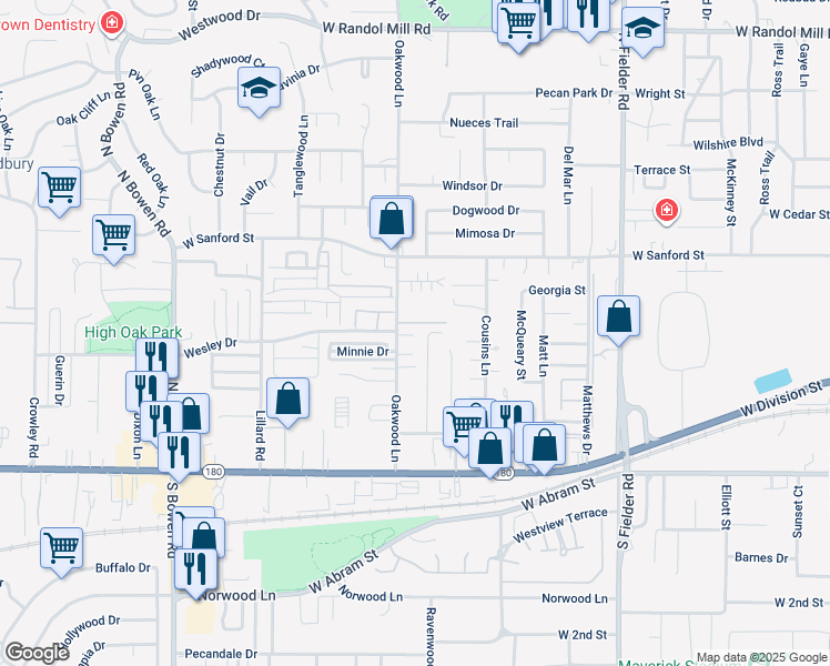 map of restaurants, bars, coffee shops, grocery stores, and more near 521 Oakwood Lane in Arlington
