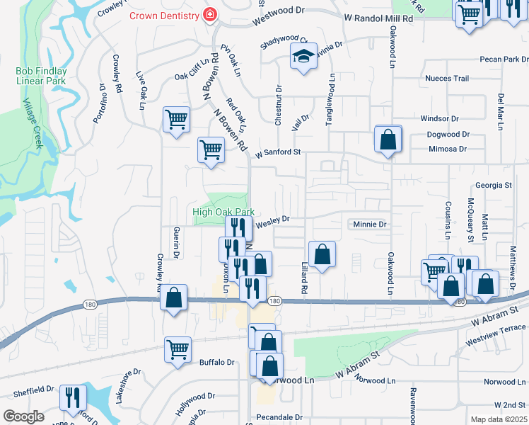 map of restaurants, bars, coffee shops, grocery stores, and more near 602a Starlinda Court in Arlington