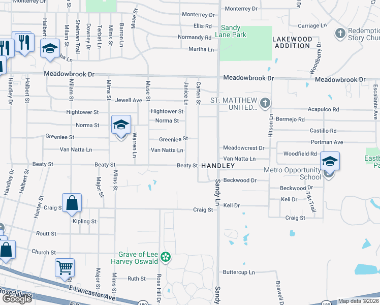 map of restaurants, bars, coffee shops, grocery stores, and more near 2717 Janice Lane in Fort Worth