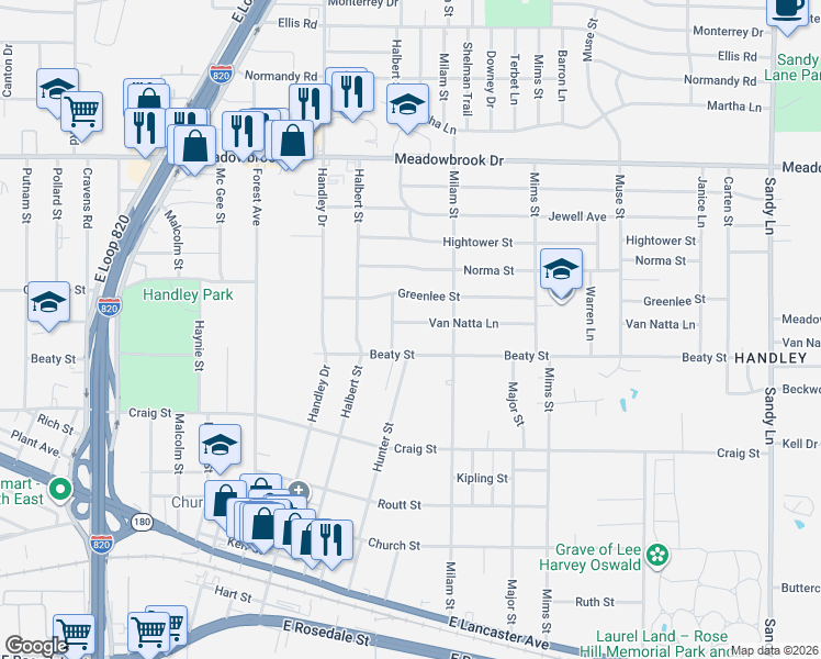 map of restaurants, bars, coffee shops, grocery stores, and more near 6800 Van Natta Lane in Fort Worth